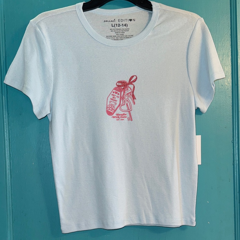 Light Blue Graphic T-Shirt with Pink Design